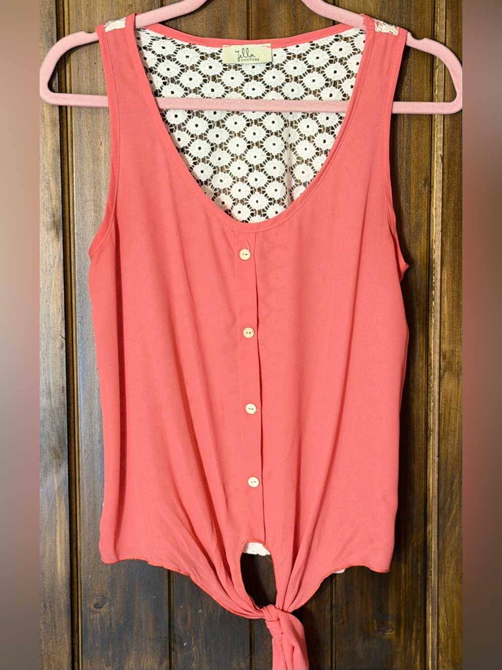Jella Couture Coral Button-Front Tie Hem Tank with Crochet Back